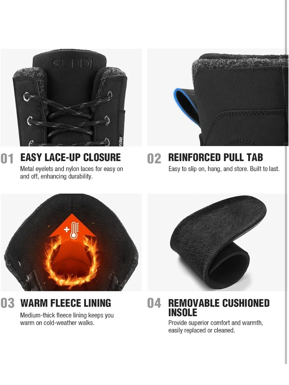 Suedi Black Waterproof Winter Boots - Insulated Snow Boots
